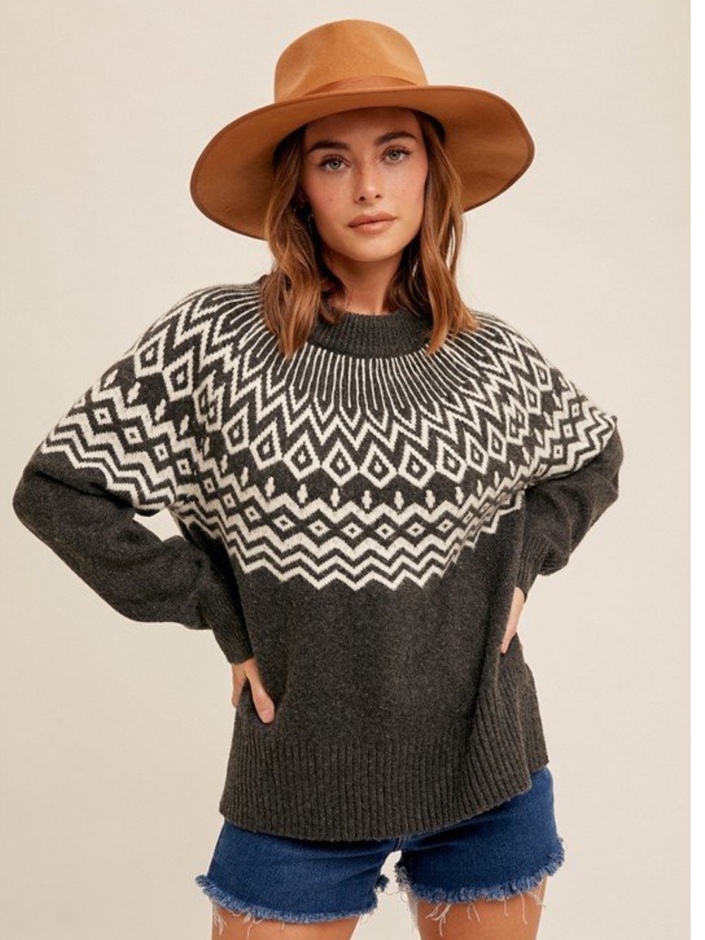 H&M Grey White Fair Isle Nordic Crewneck Sweater Oversized Large